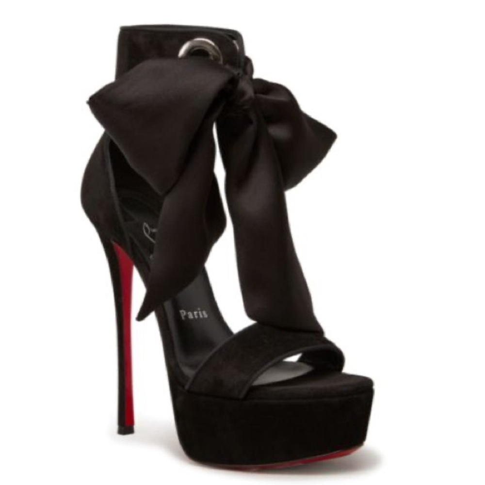Christian Louboutin Torrida Alta Black Suede Bow Platform Sandal Heel Pump